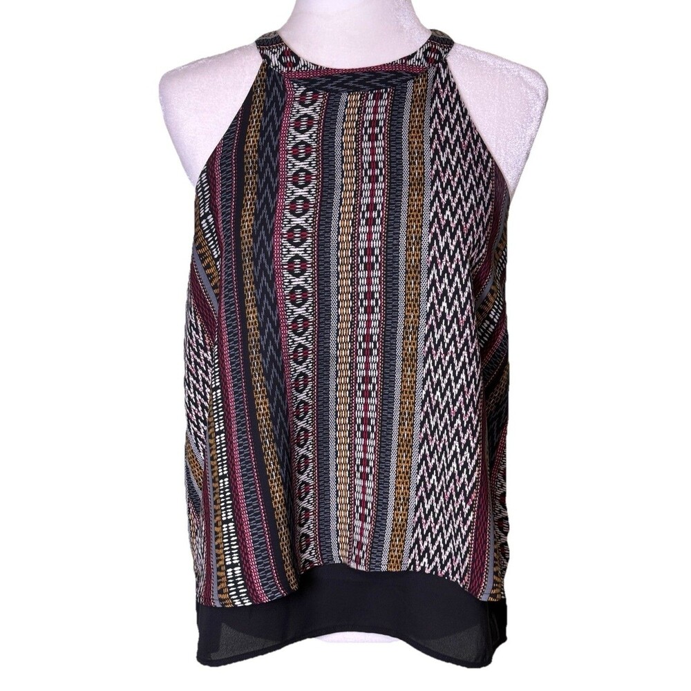 Womens Ethno Chic Ikat Tribal Print Halter Tank High Neck Flowey Top Size Medium